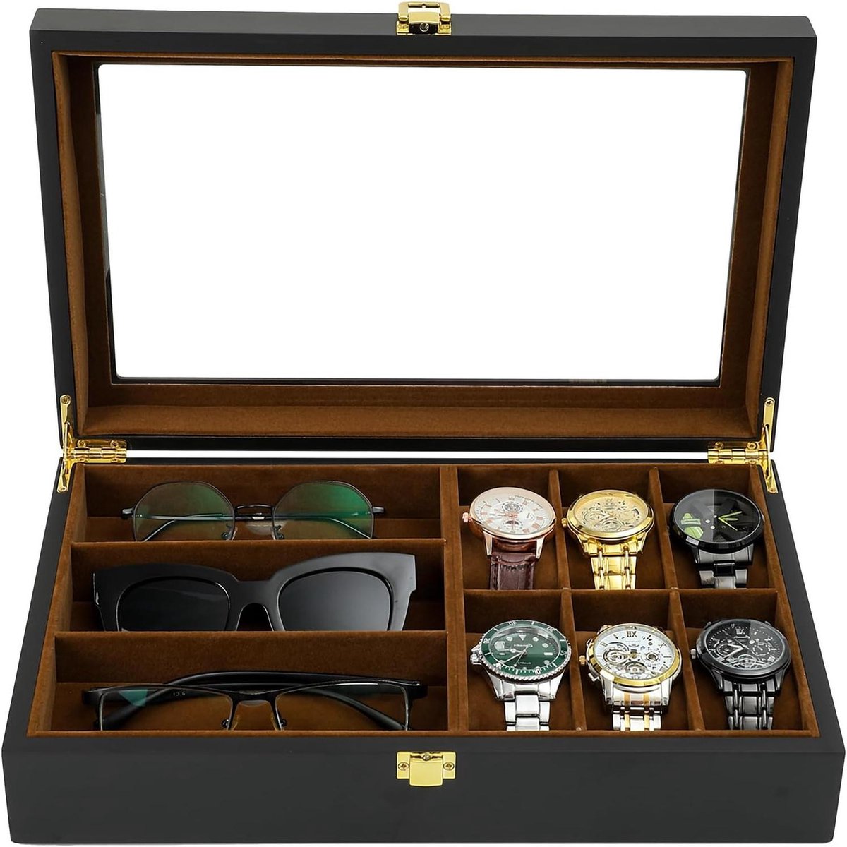 6 Slots Houten Horloge Box met Echt Glas Top - Zonnebril en Sieraden Organizer Case voor Mannen - Vaderdagcadeau