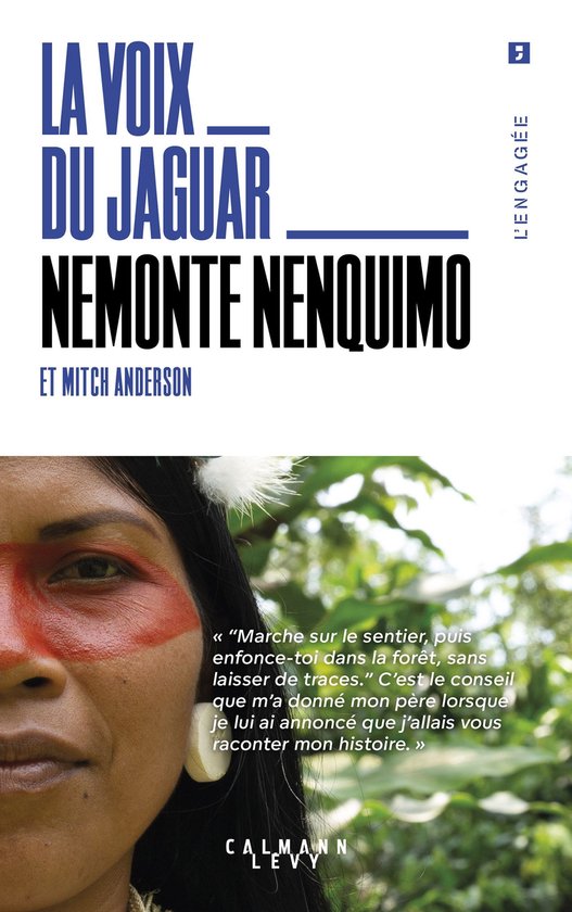 Boekomslag met close-up van een vrouw met gezichtsverf, met de titel "La Voix du jaguar".
