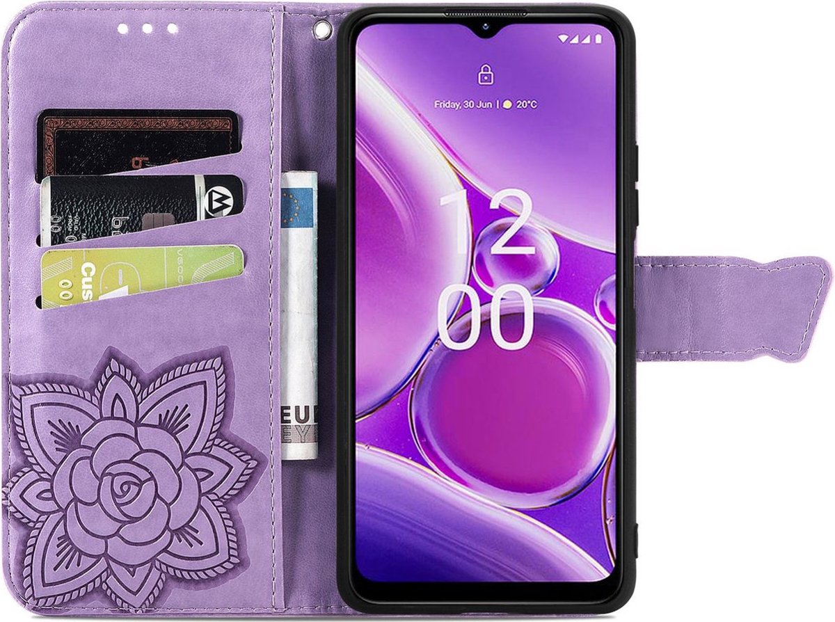 Mobigear Telefoonhoesje geschikt voor Nokia G42 Hoesje | Mobigear Butterfly Bookcase Portemonnee | Pasjeshouder voor 3 Pasjes | Telefoonhoesje voor Pinpas / OV Kaart / Rijbewijs - Paars