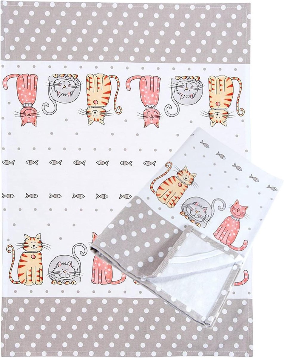 Theedoeken geblokt Absorberend Katoen Gelukkig Kat Ontwerp Set van 2 Keuken Cadeaus voor Kattenliefhebbers 70cm x 50cm theedoeken geblokt