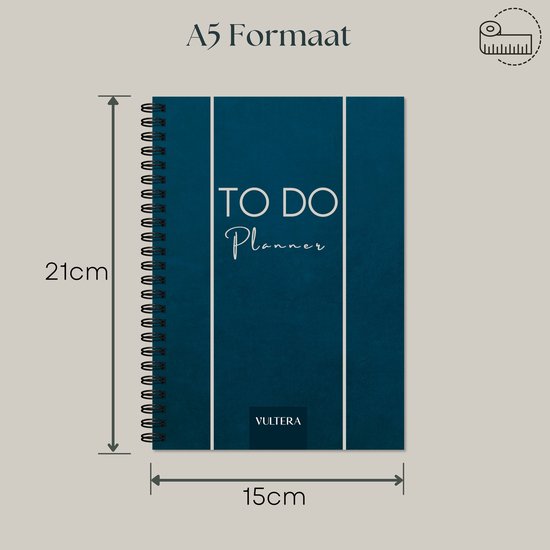 Blauwe 'TO DO Planner' A5 formaat, 21x15cm, met witte strepen en spiraalbinding.
