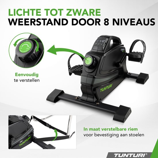 Zwarte hometrainer met acht weerstandsniveaus, instelbaar met een groene draaiknop. Inclusief riemen om aan stoelen te bevestigen.