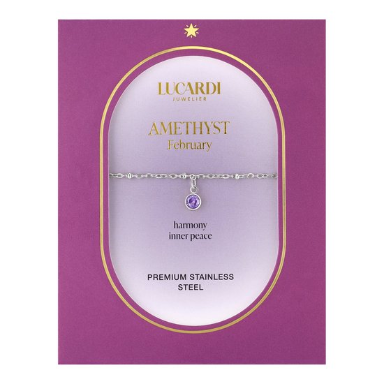 Lucardi Bracelet Femme Acier Plaqué Or Pierre de Naissance Février - Bracelet - Acier - Argent - 19 cm