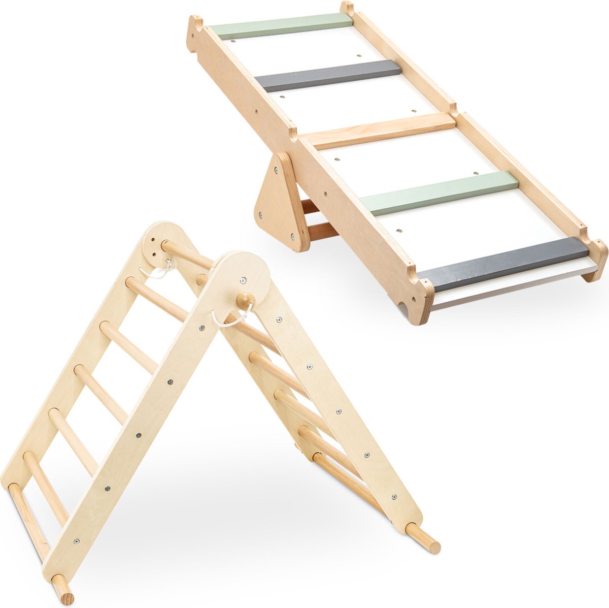 Mamabrum Houten Klimrek - Binnen Speeltuin - 2in1 Rocker, Ladder en Klimmuur, 9 Sporten, Dubbelzijdige Board, Klimladder — afbeelding 14