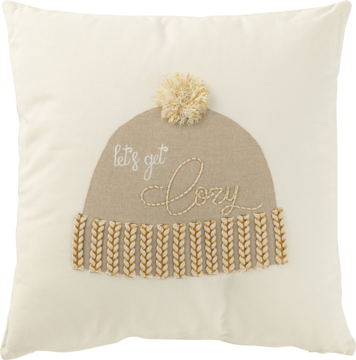 J-Line kussen Muts 'Let's Get Cozy' - katoen - wit/beige
