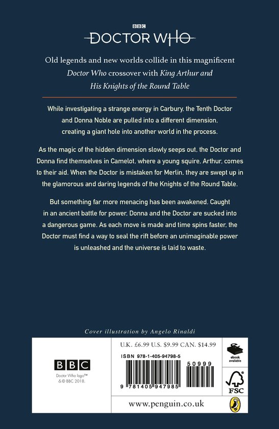 De achterkant van het boek 'Doctor Who Legends of Camelot'. Bevat tekst en de ISBN-barcode.
