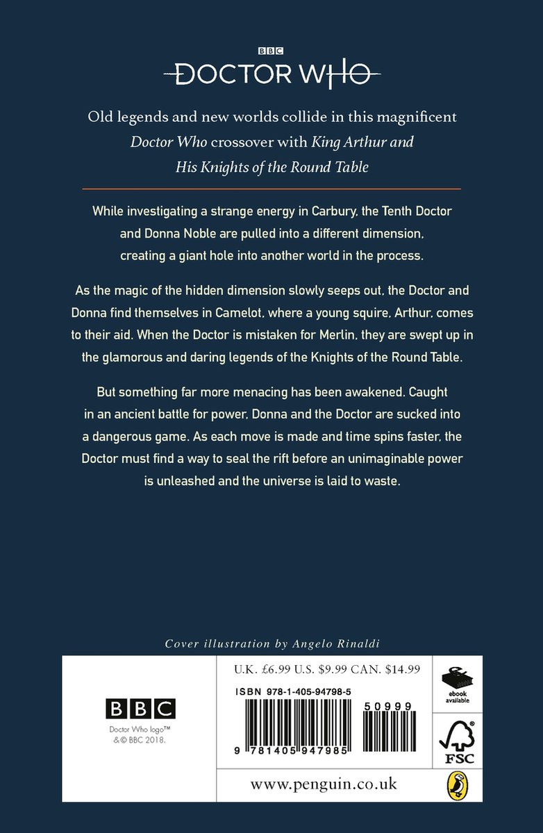 De achterkant van het boek 'Doctor Who Legends of Camelot'. Bevat tekst en de ISBN-barcode.