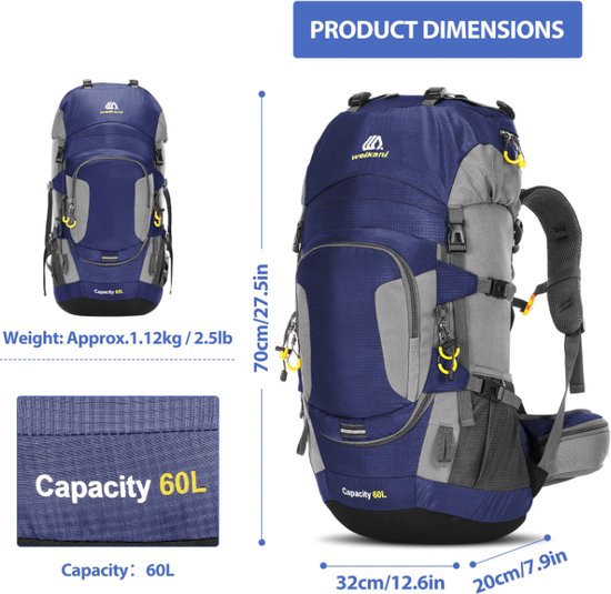 Avoir Avoir®-Sac à dos-Randonnée - Blauw- Sac à dos de randonnée ultime 60L - Résistant à l'eau - Compartiment principal spacieux - Bretelles réglables - Panneaux arrière en mesh - Polyester -32cm x 20cm x 70cm-Bol.com