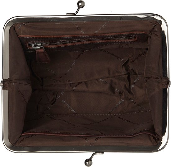 Open donkerbruine tas met beige voering en een ritsvak.
