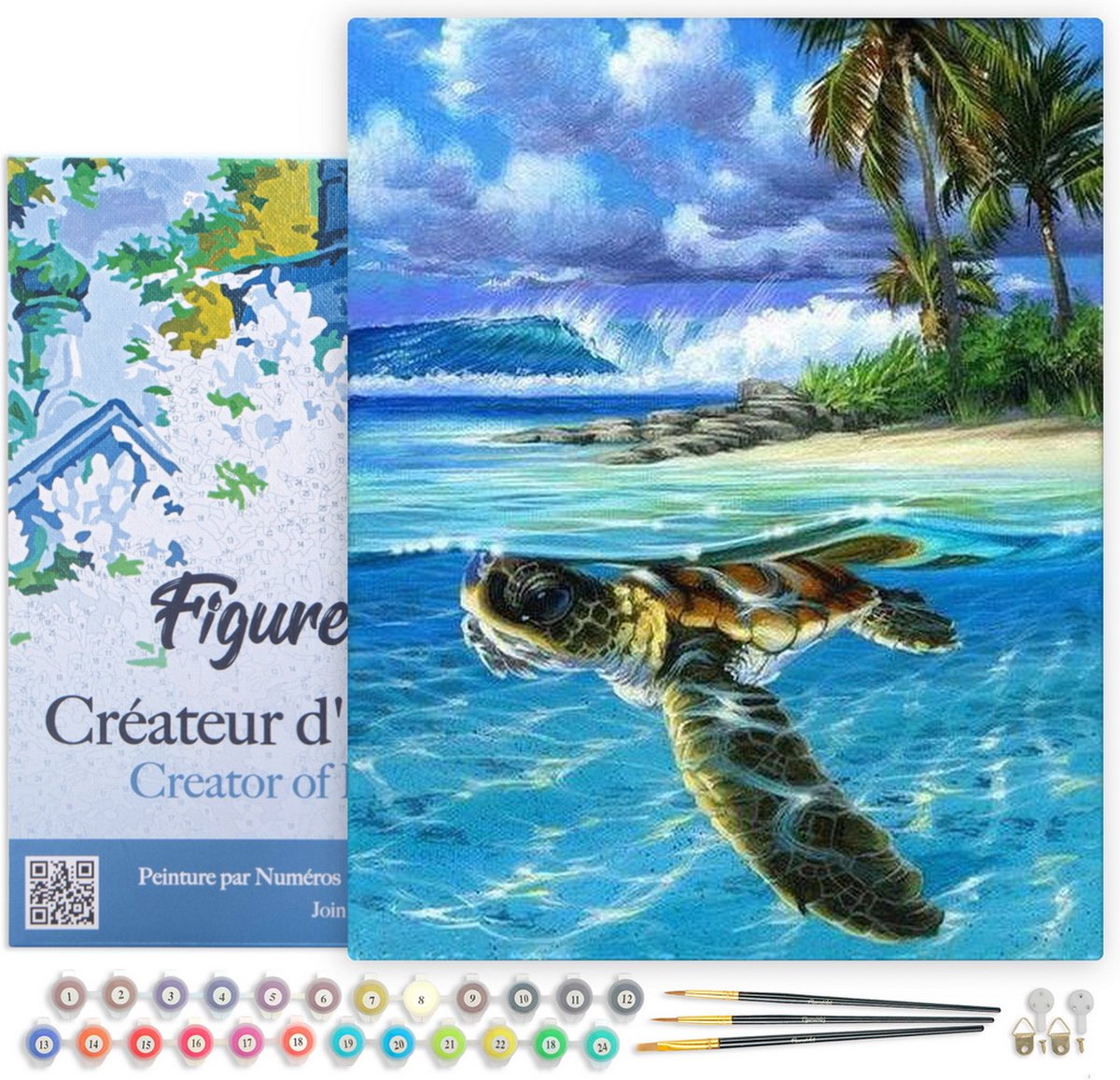 Figured'Art Schilderen op Nummer Volwassenen met lijst - Ontspannende schildpad - Handwerk acrylverf Kit DIY Compleet - 40x50cm Canvas al ingelijst