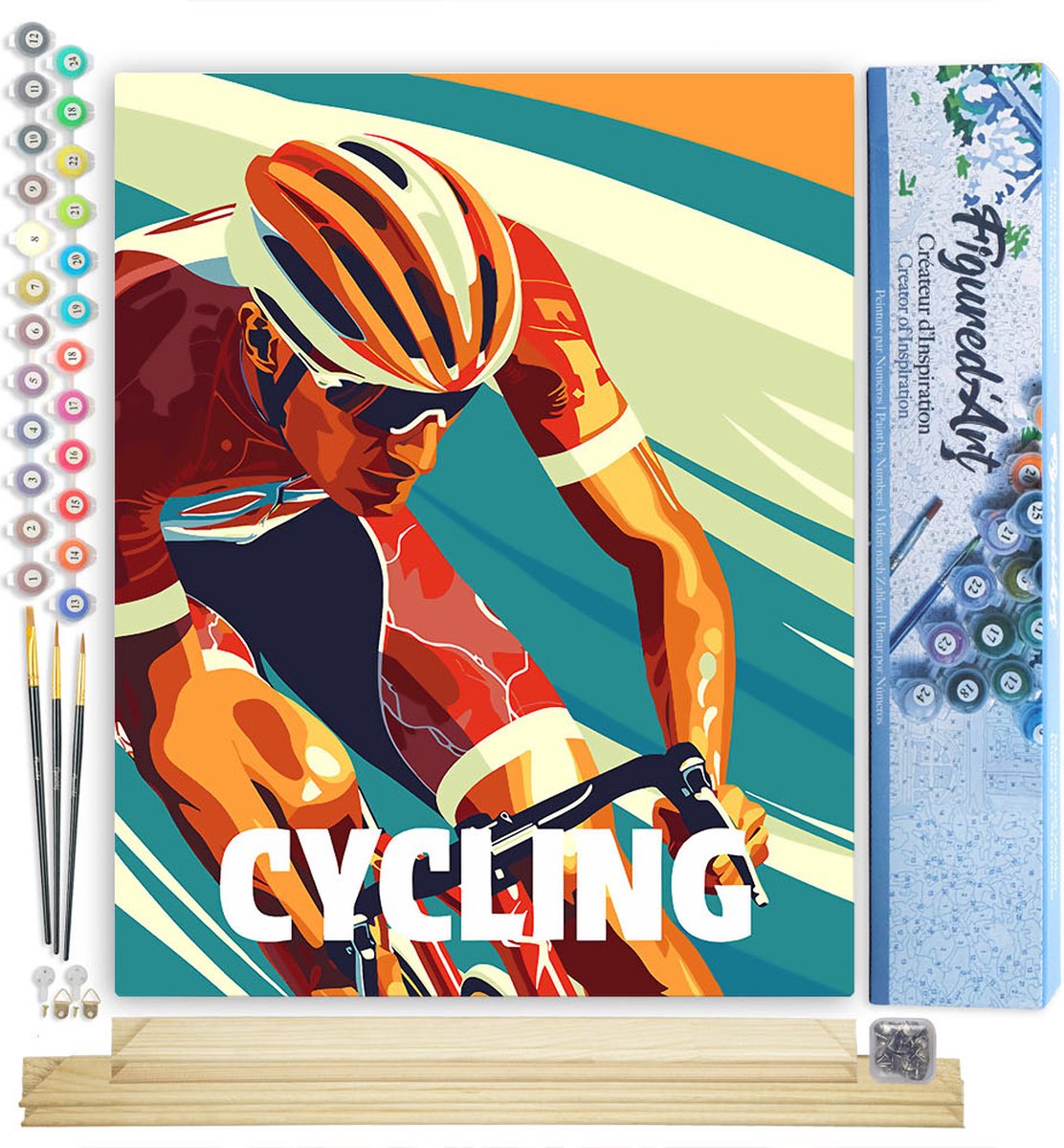 Figured'Art Schilderen op Nummer Volwassenen canvas Sportaffiche Wielrennen- Handwerk acrylverf Kit DIY Compleet - 40x50cm met DIY houten lijst