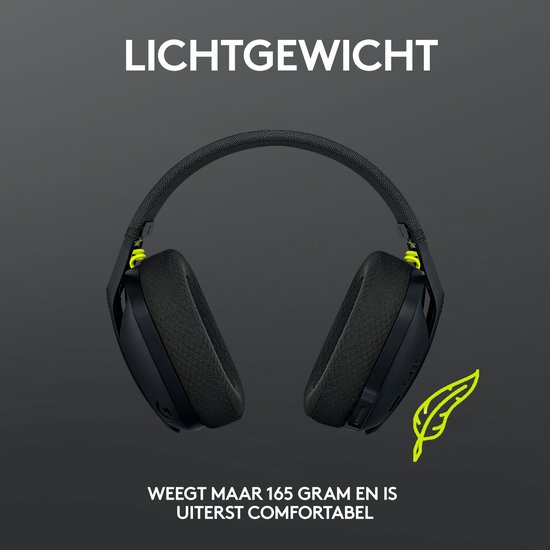 Casque G435 noir léger avec bandeau en tissu et accents vert lime.