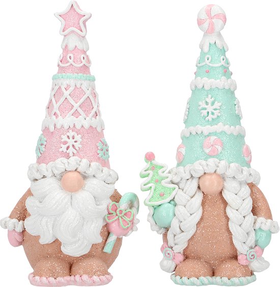 Viv! Statue de Noël - Gnomes en Pain d'Épices avec Bonbons - lot de 2 - pastel - rose bleu - 20cm
