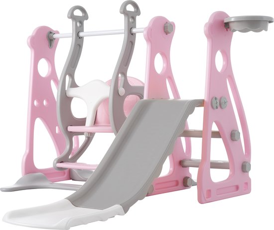 Speeltoestel 4 in 1 met glijbaan - Schommel en basketbalframe voor binnen en buiten - Veilig en betrouwbaar - Baby - Peuter - Kleuter - Cadeau - Kerstmis - Nieuwjaar - Jongen - Meisje - Glijbaan - Roze