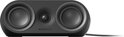 Zwarte soundbar speaker met twee woofers en een centrale tweeter.