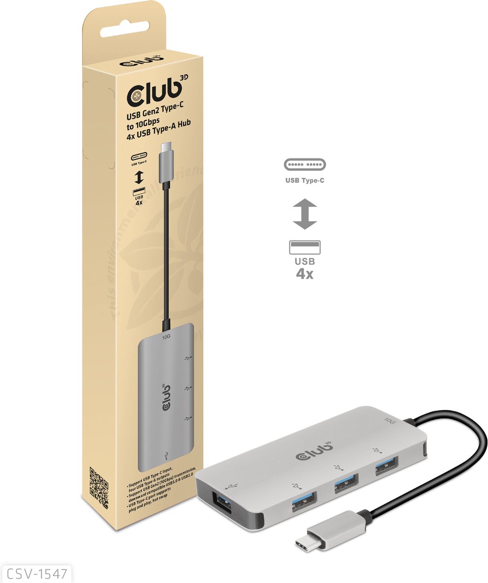 Club 3D USB-C naar 10Gbps 4x USB Type-A Hub