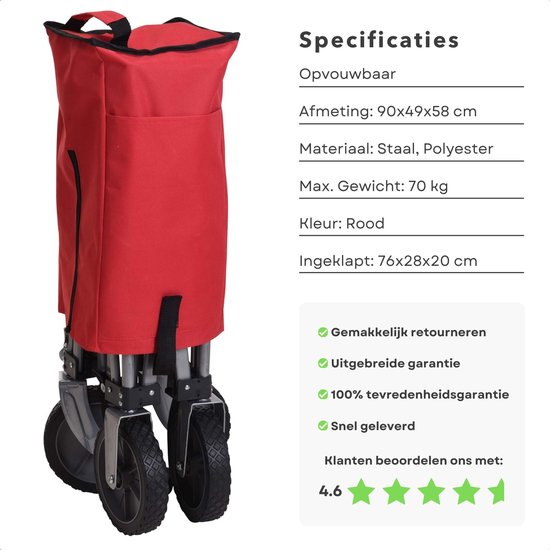 Robuuste Bolderkar - Opvouwbaar en Uitklapbaar - Hoge Draagcapaciteit - Voor Boodschappen & Vervoer - 90x49x58 cm - Rood - Stevig Frame - 70 KG Draagkracht - Bolderwagen - Boodschappentrolley - Draaibare Wielen van Benson — afbeelding 3
