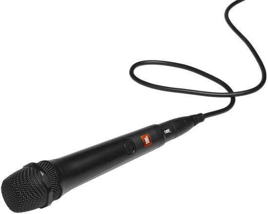 Microphone JBL noir avec logo JBL rouge, câble visible