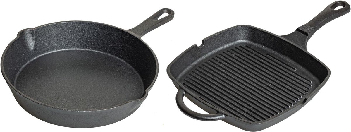 Blackwell Pannenset Gietijzer 2-Delig Koekenpan ø 25 cm & Grillpan 23 x 23 cm - geschikt voor alle warmtebronnen - zonder anti-aanbaklaag
