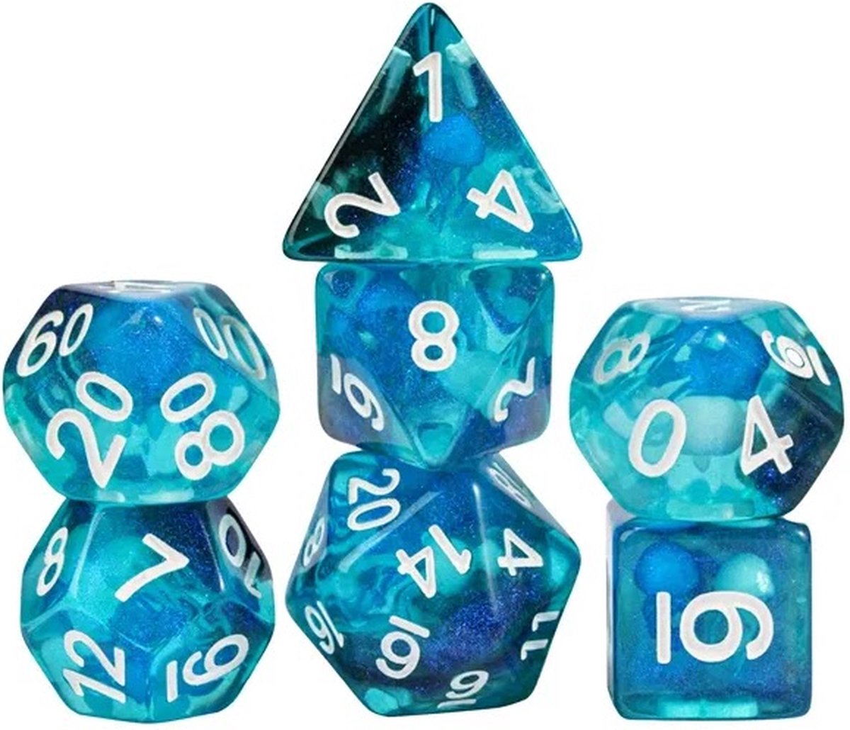 Lapi Toys - Dungeons and Dragons dobbelstenen - DnD Dice - Polydice - Dobbelstenen Dungeons Dragons - D&D dobbelstenen - DnD Dice Set - 1 set (7 stuks) - Met kwallen - Resin - Blauw