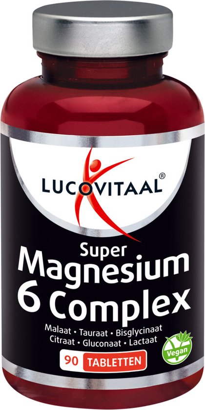 Flesje Lucovitaal Super Magnesium 6 Complex met 90 tabletten, met rode en witte etiketten.