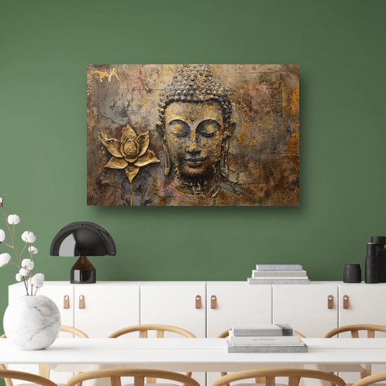 Boeddha glasschilderij - Sculptuur schilderijen glas - Muurdecoratie Lotus - Woonkamer decoratie industrieel - Plexiglas schilderijen - Muur kunst acrylglas 90x60 cm