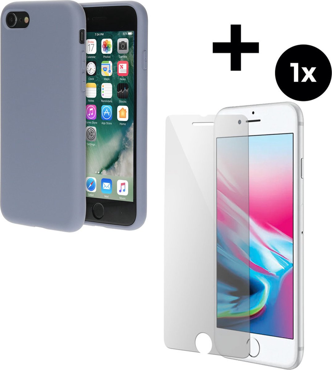 Mobiparts Silicone Cover hoesje geschikt voor Apple iPhone 8 met 1 Screenprotector van Gehard Glas - Grijs