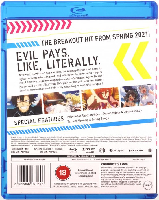 De achterkant van een Blu-ray hoes van "Evil Pays, Literally." met de tekst "The Breakout Hit From Spring 2021!" en anime-personages.
