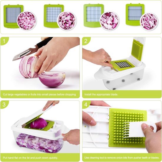 Multifunctionele Groentesnijder,16-in-1 Mandoline Groenteschaaf,Roestvrij Staal, Uiensnijder, Handmatige Fruitsnijder, Aardappelsnijder, Groenterasp met Eierscheider- Blauw