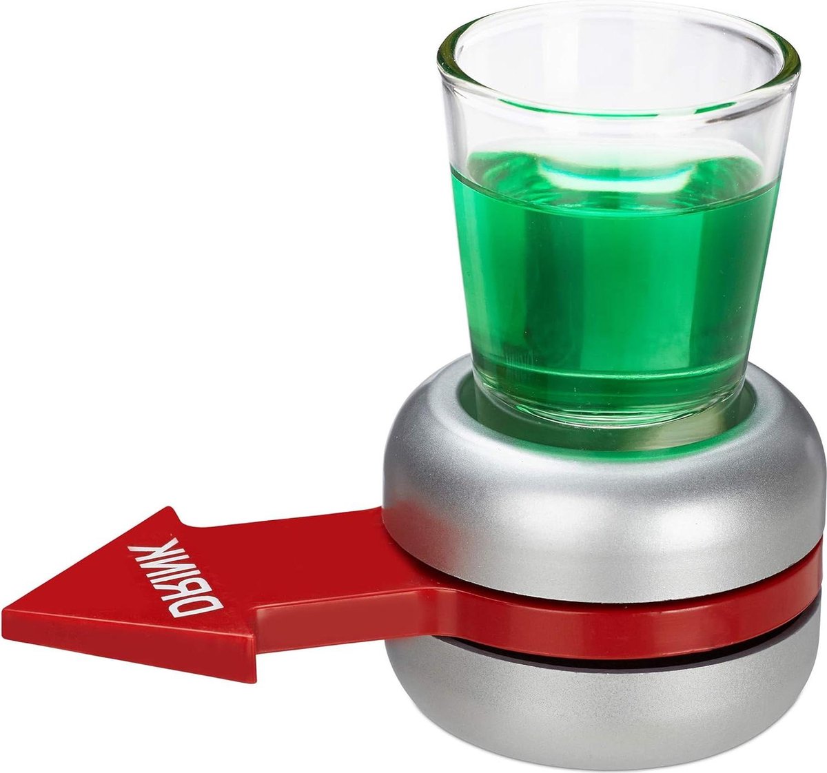 Flesje draaien drinkspel met 2 cl shotglaasje rood pijltje leuk feestspel drankspel spin the bottle grijs
