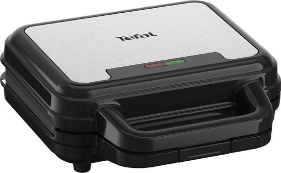 Gesloten Tefal 3-in-1 snackmaker met zilverkleurig deksel en zwarte behuizing.
