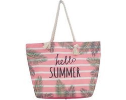 Strandtas Hello Summer - roze/wit - 54 x 15 x 38 cm - schoudertas - beach bags - Shoppers - zomer tassen