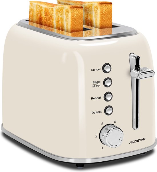 Aigostar 301GO - Retro Broodrooster - Toaster - 6 Warmteniveaus - 2 Extra Brede Sleuven - Reheat en Ontdooi-functie - Moederdag Cadeautje - 800W - Beige