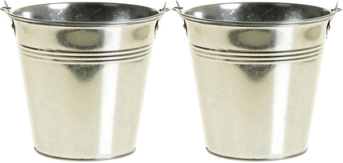 Goedkoopste 2x Zinken emmertjes/bloempotjes zilver 12 cm - Zinken emmertjes - Bloememmertje - Decoratie emmer