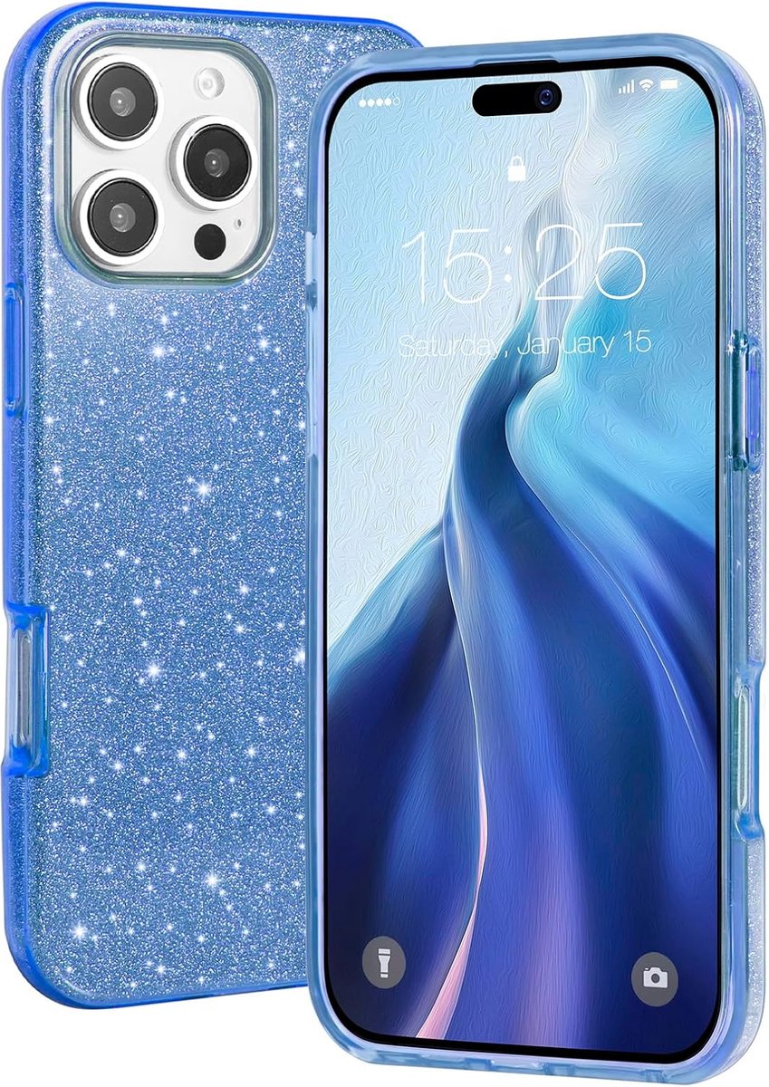 Casemania Hoesje Geschikt voor Apple iPhone 16 Pro Max - Blauw - Glitter Back Cover