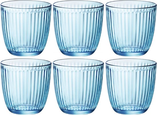 Set van zes blauwe glazen tumblers met verticale ribbels, 290 ml.