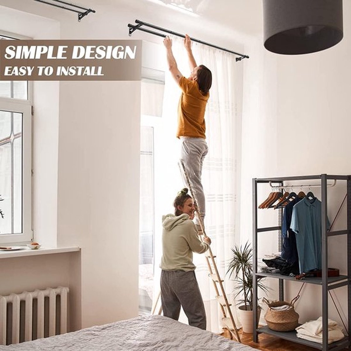 Tringle à Rideaux Baie Vitrée En L - Acier Inoxydable Réglable 76-345cm - Noir Mat