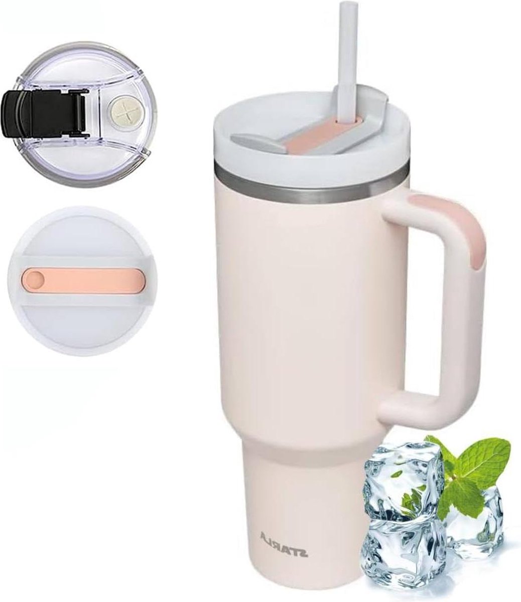 12 liter grote thermobeker met rietje en handvat lekvrij roestvrijstalen isolatie koffiebeker to-go waterbeker reisbeker drinkbeker rozenkwarts
