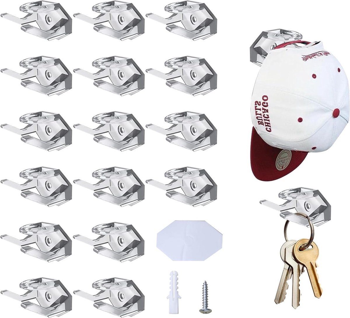 Riokem ® SV-pakket van 16 pettenhouder aan de muur, transparante kapstokhaken voor aan de muur, zonder boren, kapstokhaken, pettenhouder, hoedenstandaard voor hoeden, sleutelhangers, koptelefoons, sjaals