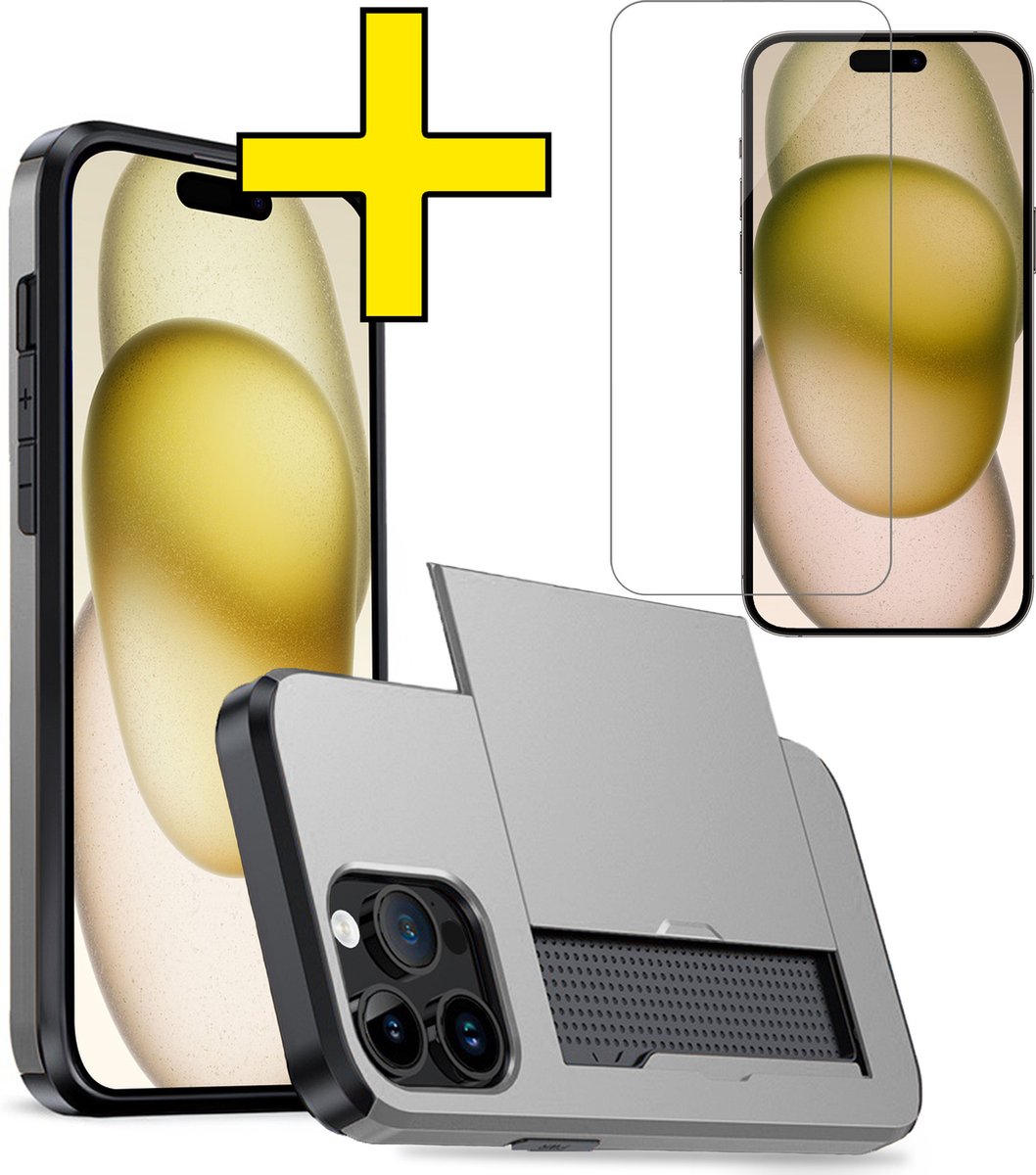 Hoesje Geschikt voor iPhone 15 Pro Max Hoesje Case Pashouder Hard Cover Met Screenprotector - Hoes Geschikt voor iPhone 15 Pro Max Hoesje Met Kaarthouder - Grijs