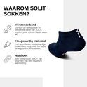 Drie paar SOLIT sokken: wit, zwart met XXX, en bamboe zwart.