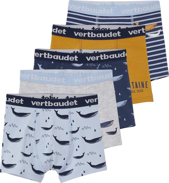 Set van 5 jongensboxers met verschillende prints: strepen, walvissen, tekst "CAPITAINE NORDIC SEAS" en walvissen met bergen. Meerdere taillebanden met "vertbaudet" logo.