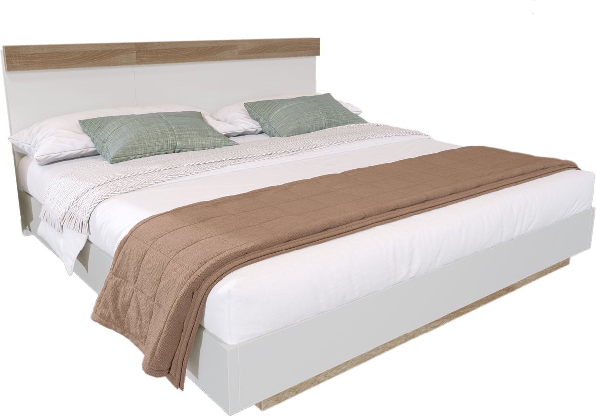 Merax Houten Tweepersoonsbed 140x200 cm - Zwevend Bed met Hoofdbord - Eiken Sonoma met Wit