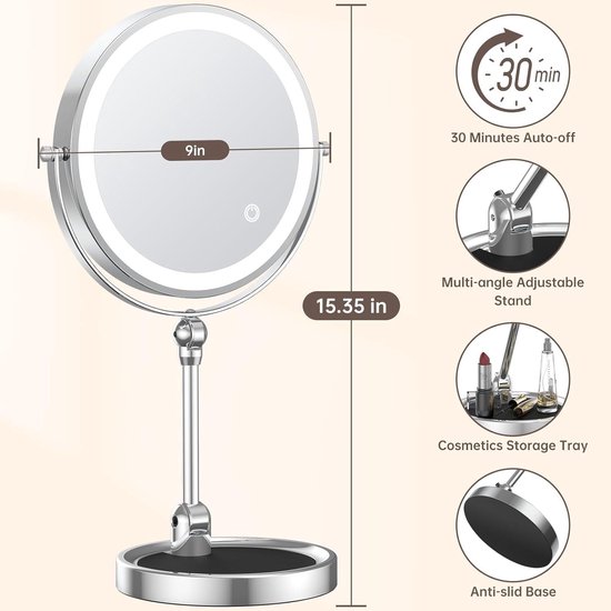 Miroir de maquillage lumineux avec hauteur réglable, miroir grossissant LED rechargeable de 22,9 cm avec