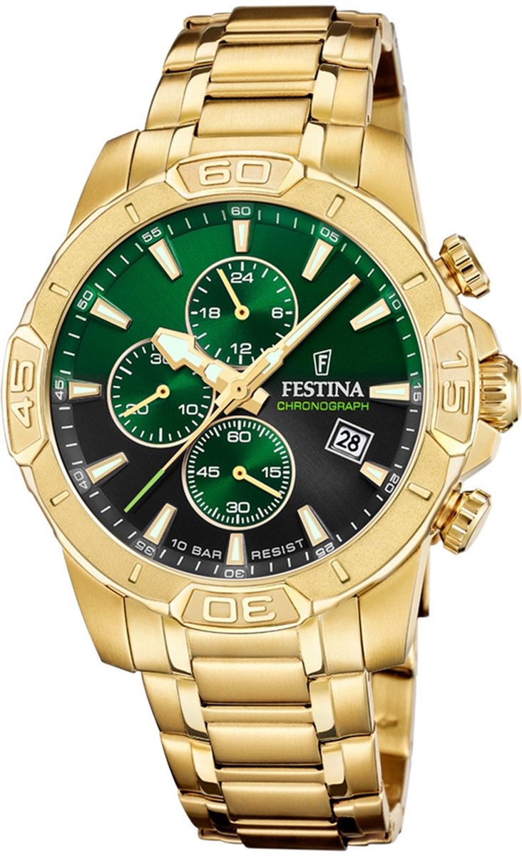 Festina F20705-6 Heren Horloge - Chronograaf - Mineraalglas - Roestvrijstaal-Leer - Quartz - Gesp - 10 ATM (zwemmen)