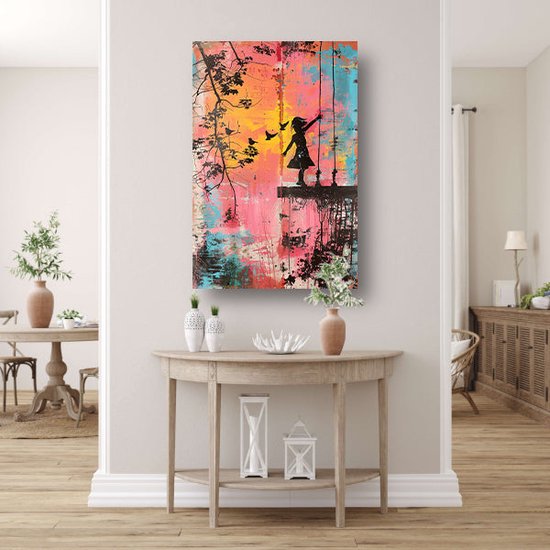 Tableaux style Banksy - Tableau Fille aux oiseaux - Décoration murale street art - Décoration murale colorée - Peintures sur toile - Peintures toile 40x60 cm
