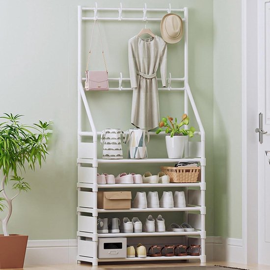 Grote houten kapstok standaard met haken stevige schoenenrek organizer voor ingang, woonkamer en slaapkamer, 66/86/116 cm hoogte x 40 cm breedte x 160 cm hoogte