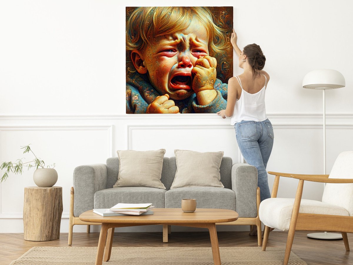 Olieverf huilend kind schilderij | Tranen van verf: melancholisch portret van een huilend 