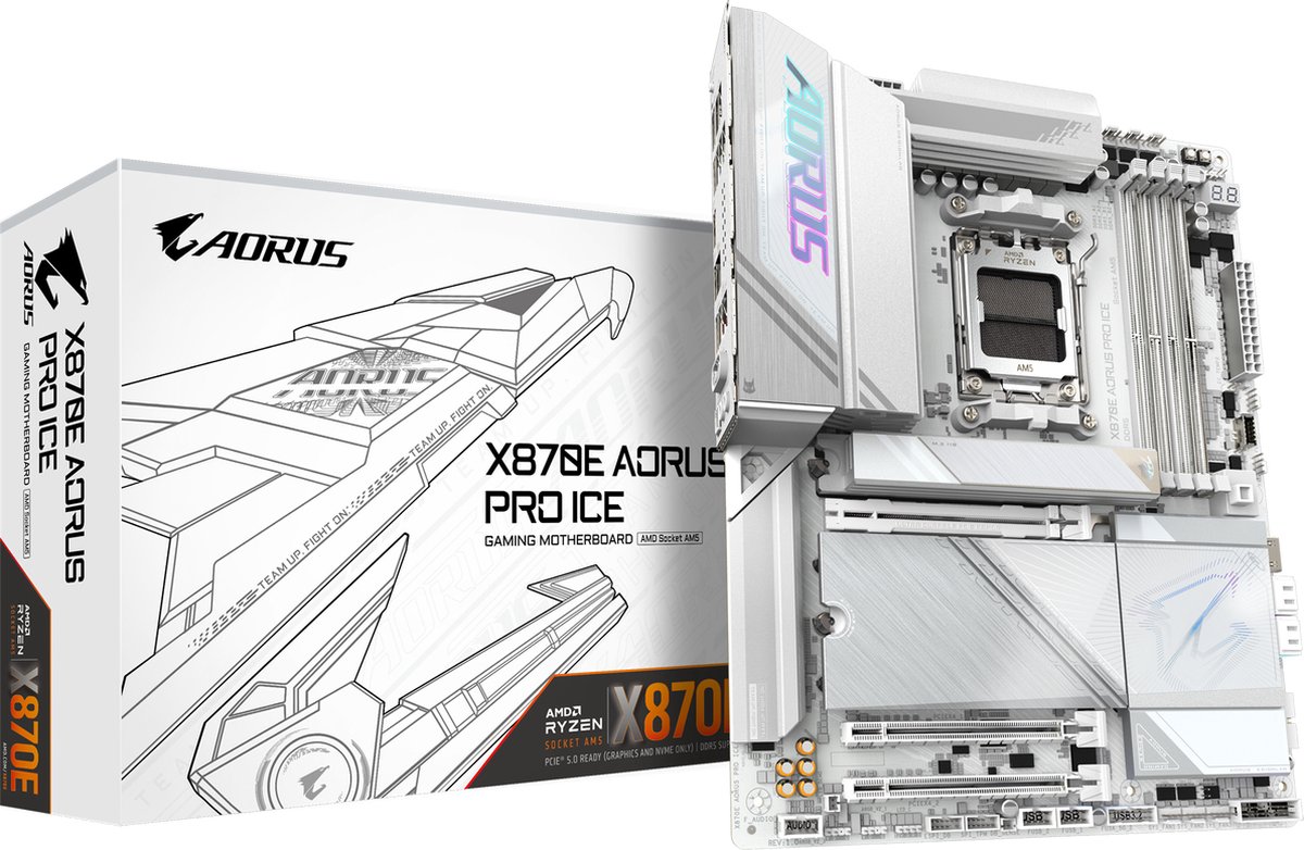 GIGABYTE X870E AORUS PRO ICE moederbord RAID, 2.5 Gb-LAN, WLAN, BT, Sound, ATX