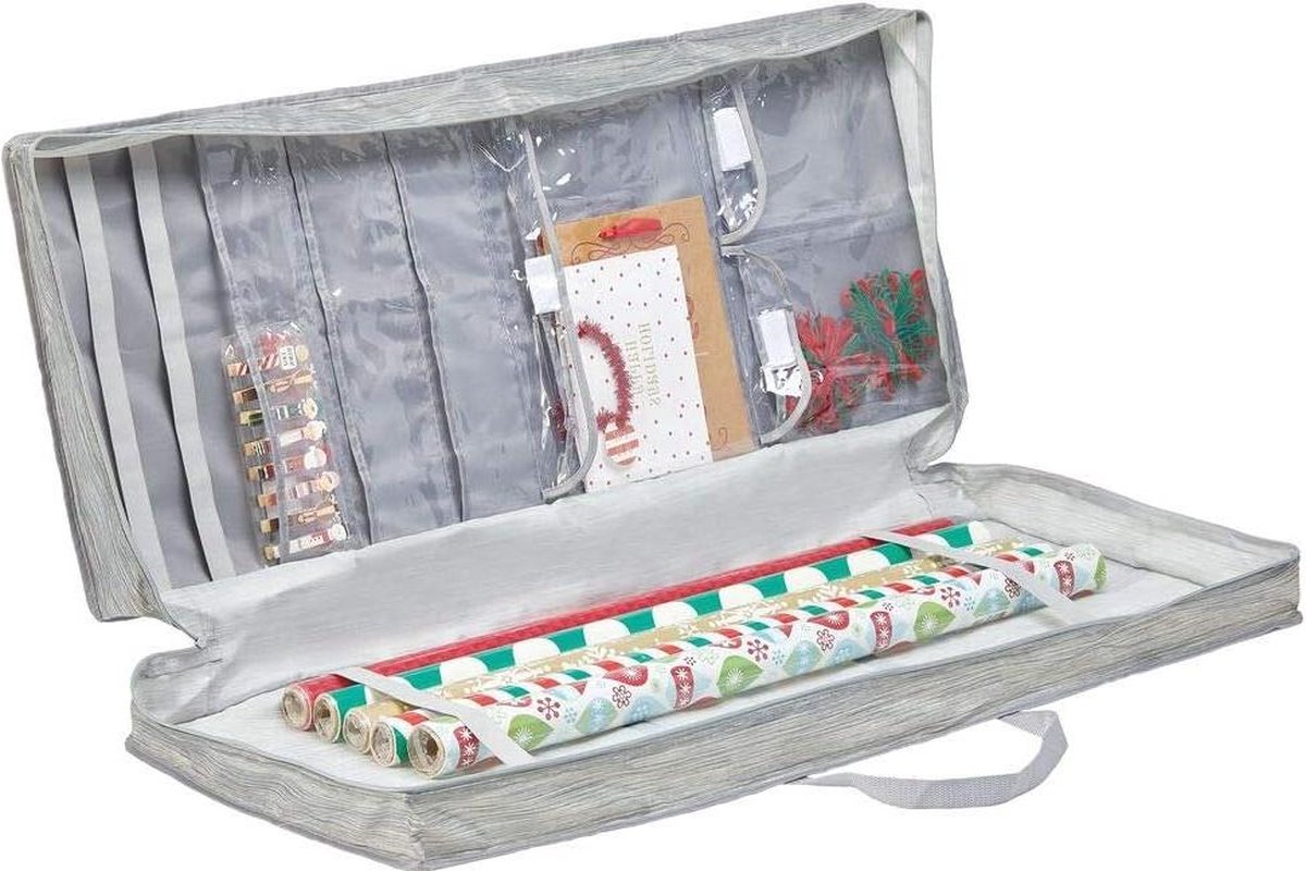 Zachte hoes inpakpapier draagtas - cadeaupapier rollen - linten en strikken - draagbare kastorganizer - handgrepen - grijs-beige